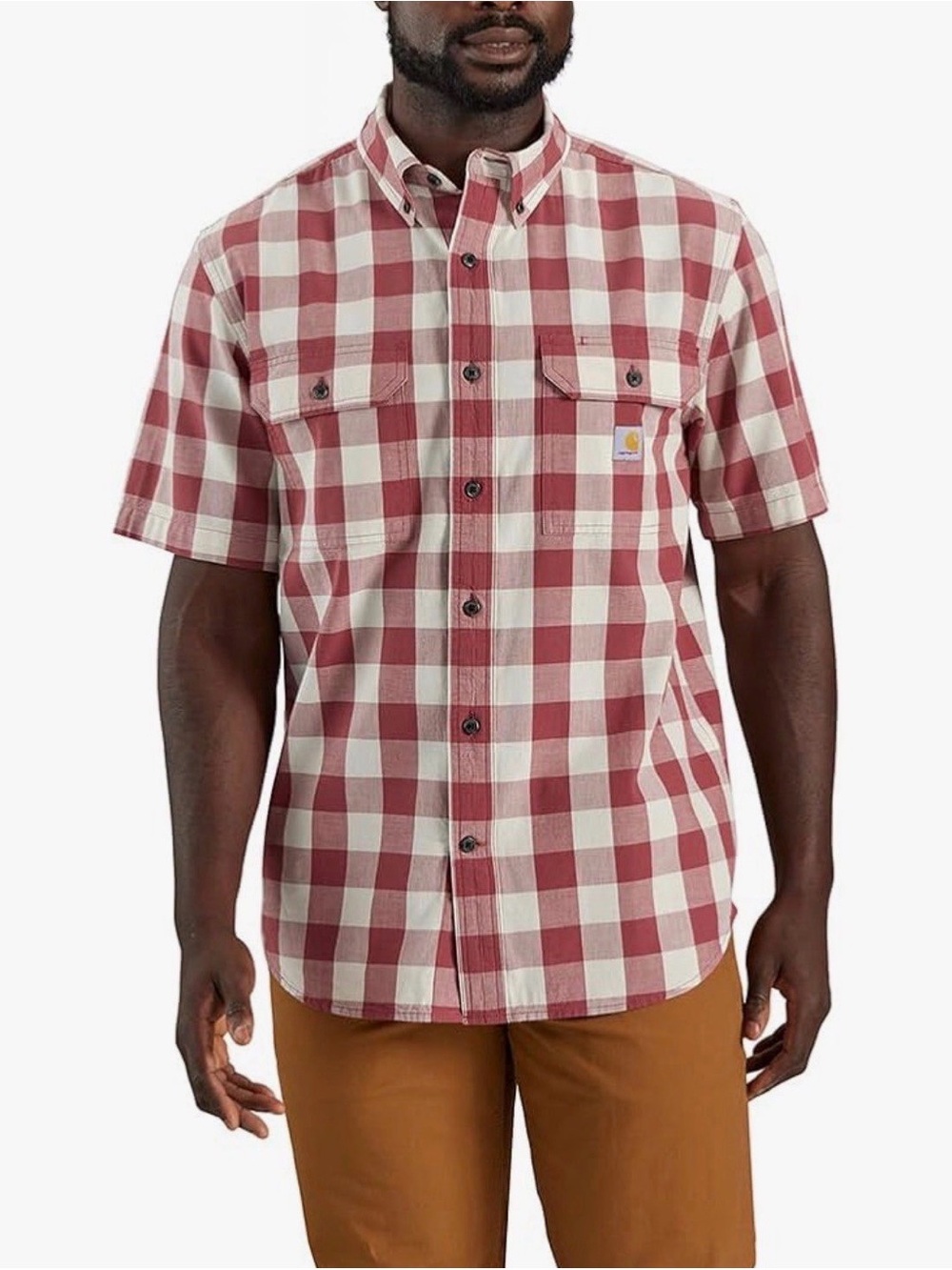 Carhartt Men’s Red and White Check Short-Sleeve Button-Down Shirt